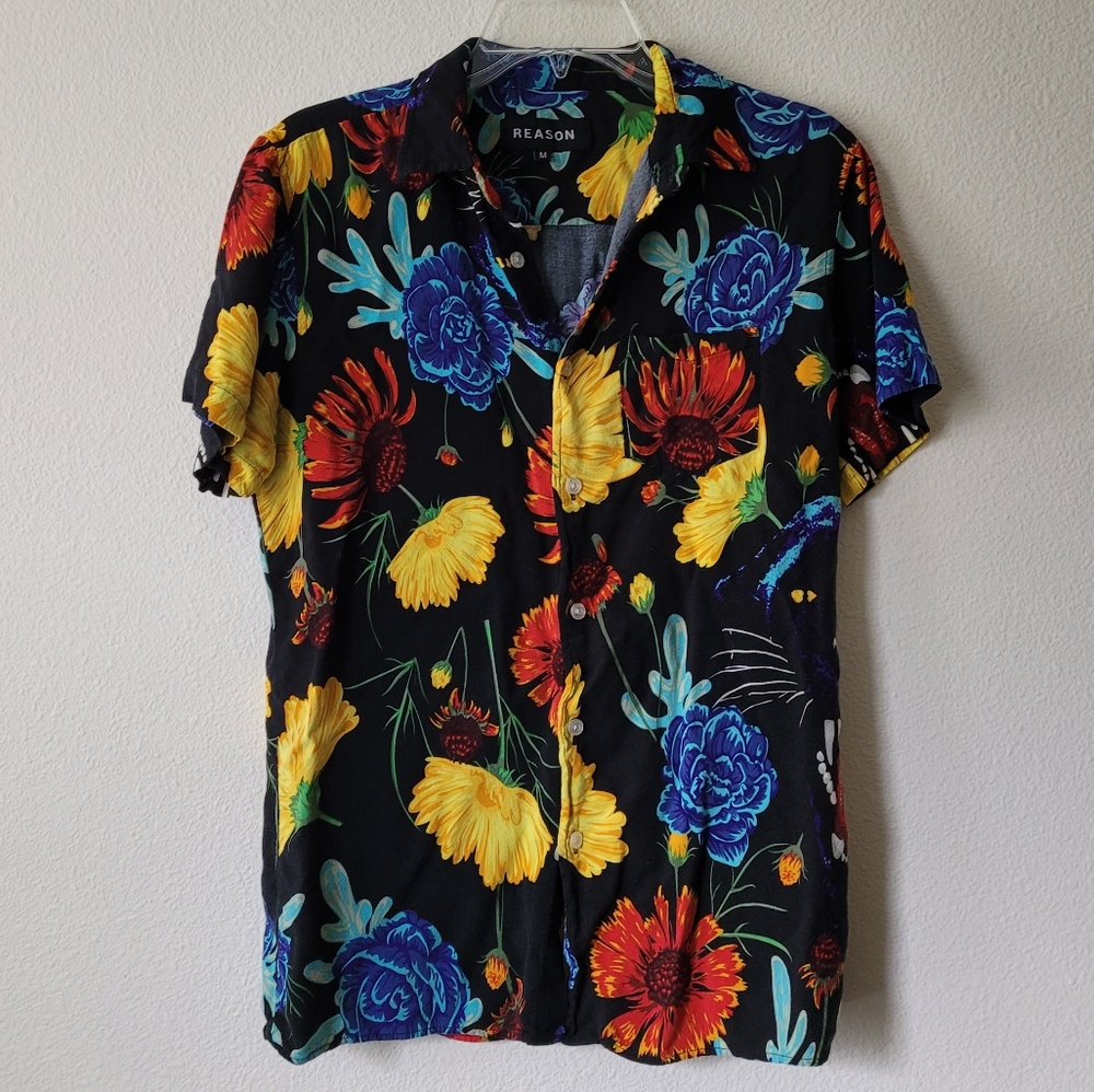 Reason Black Panther Floral Button Up Vacation Shirt Hawaiian Flower Large Print